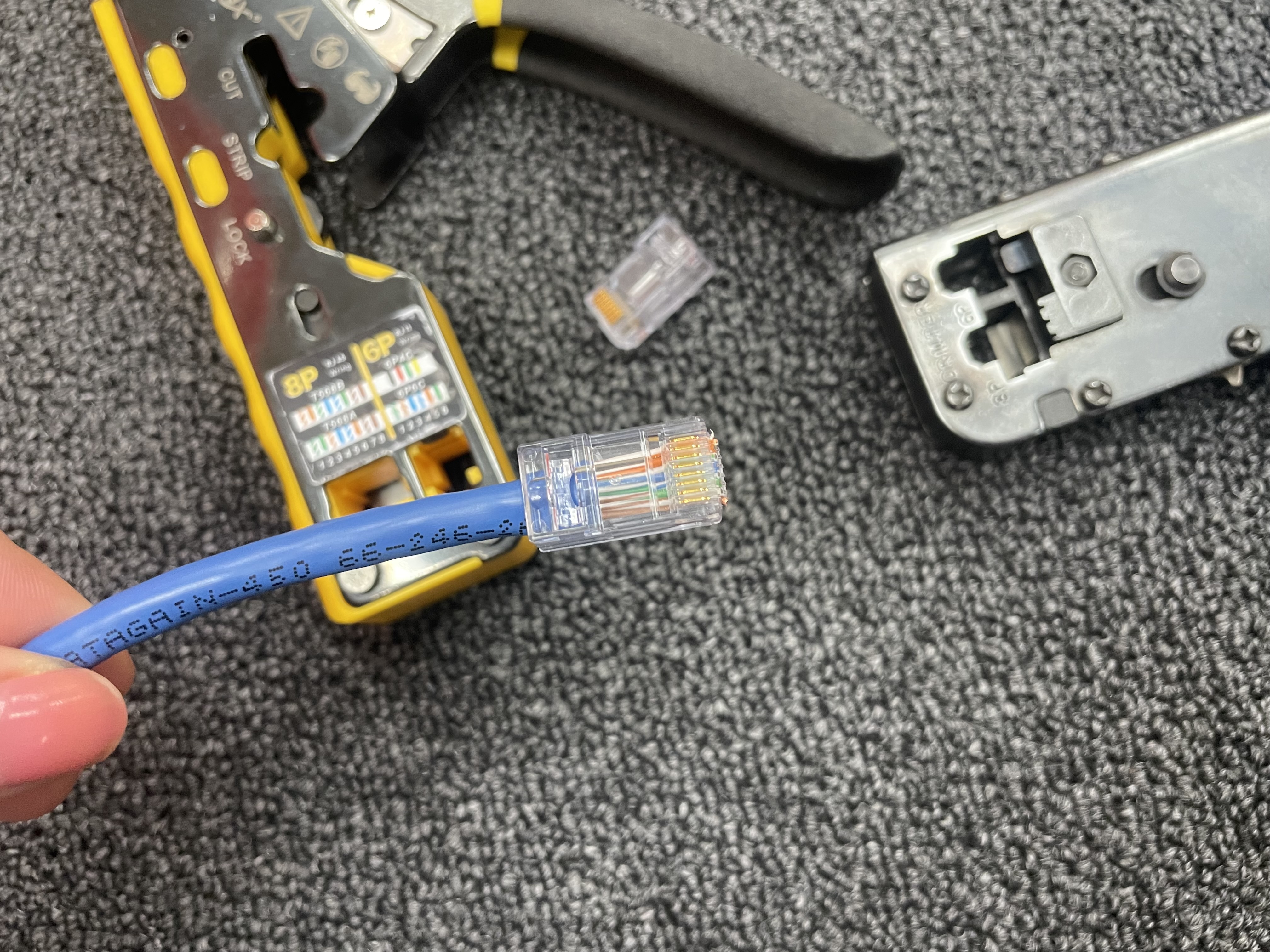 Cat6 cable after termination with RJ45 connector crimped