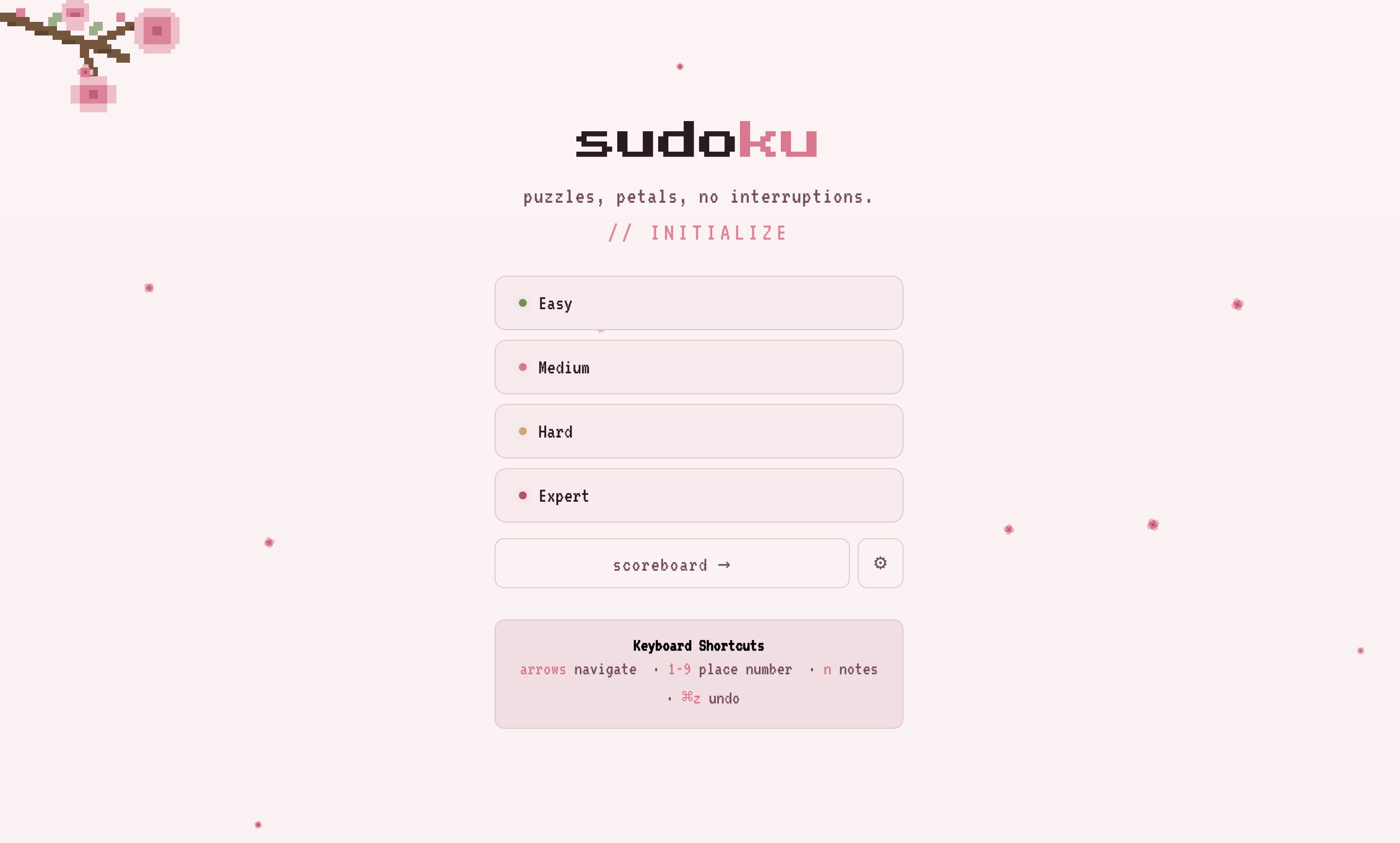 Sudoku web app landing page showing the sakura pixel art themed menu